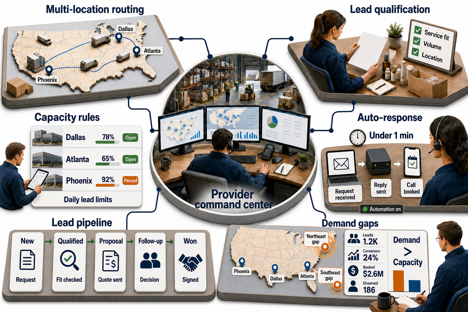 Provider command center: multi-location lead routing, lead qualification, capacity rules, auto-response, lead pipeline, and an unmet-demand (demand gaps) view.